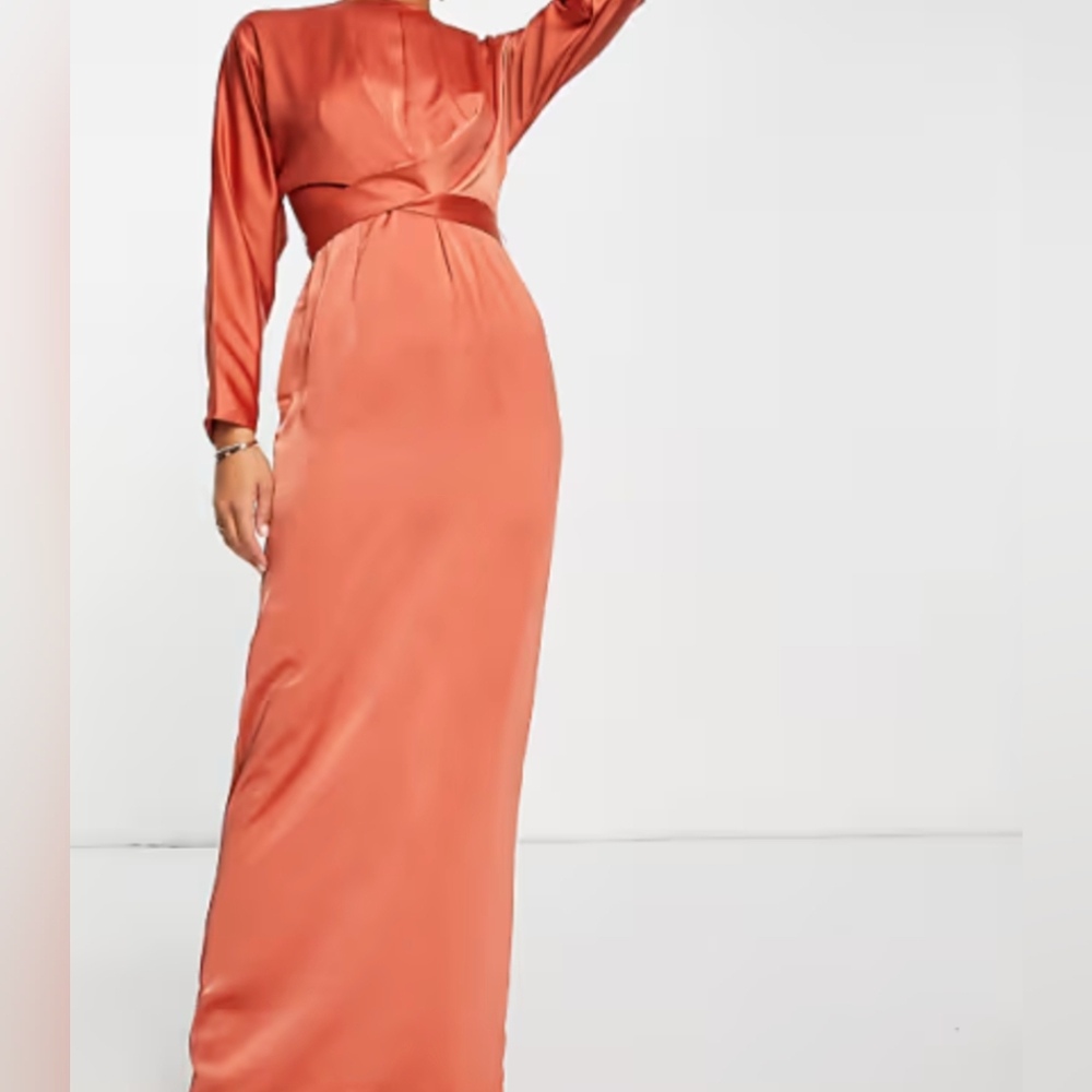 ASOS Elegant Coral Long Sleeve Dress with Attached Belt